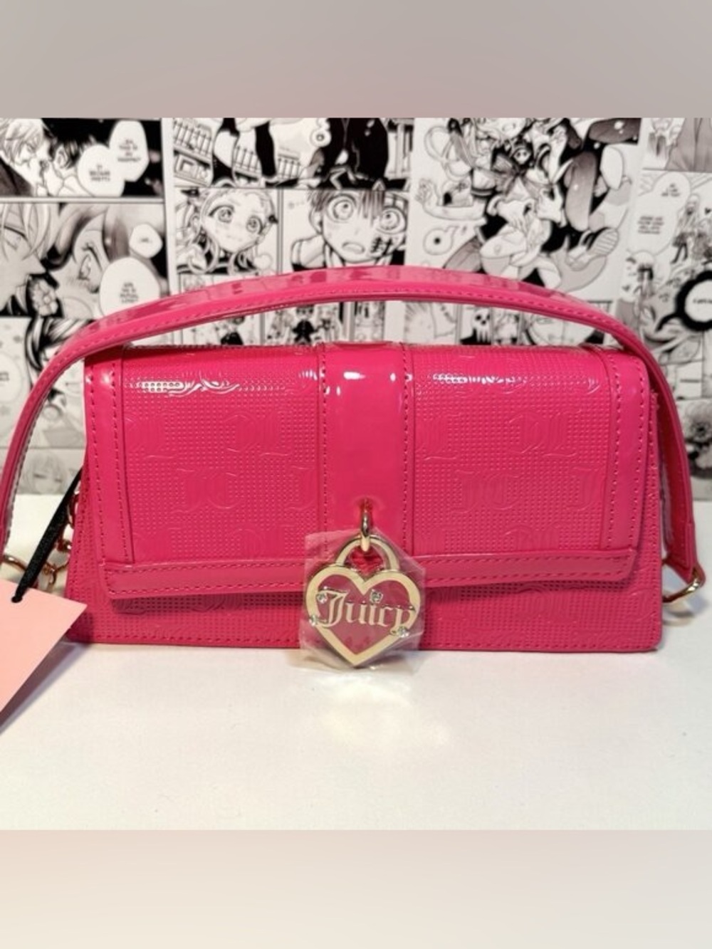 Juicy Couture Hot Pink Patent Wristlet with Gold Heart Charm